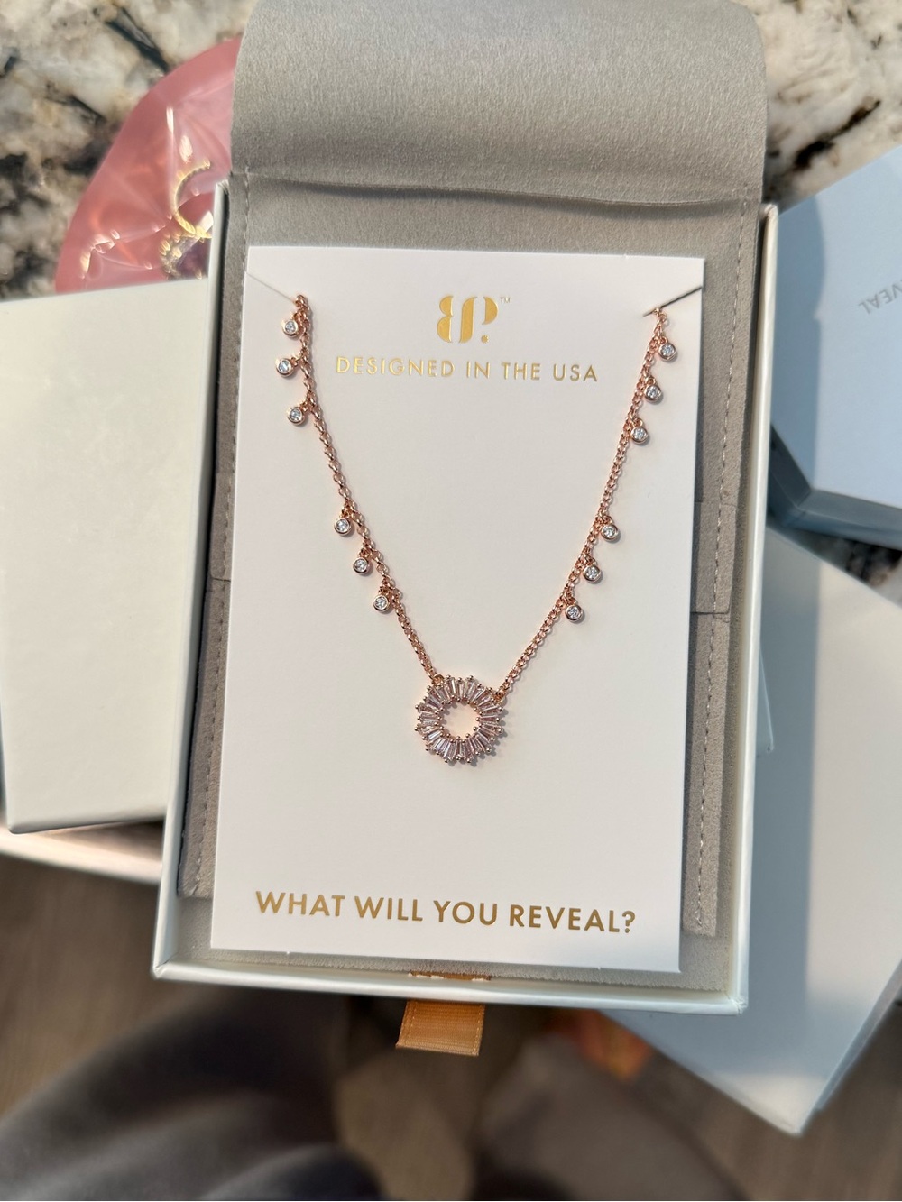 BP Lumina Collection Rose Gold Sunburst Pendant Necklace - in Glittering Geomety